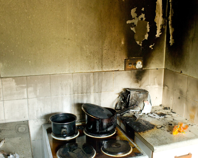 fire damage on a kitchen